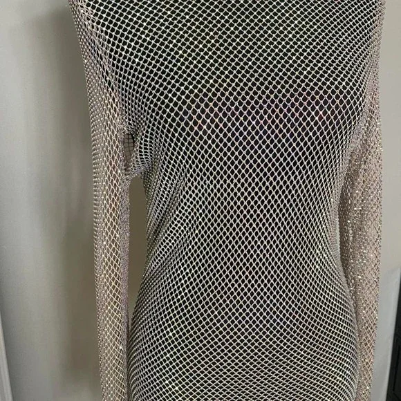 Gold multicolor chainmail mesh long sleeve dress - Picture 3 of 9